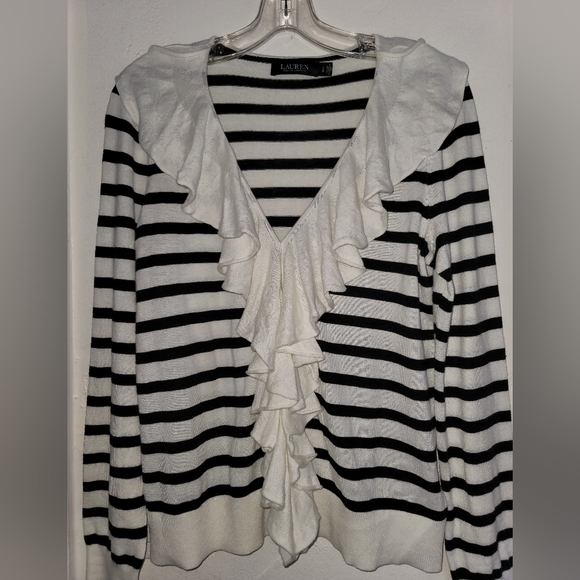 Lauren Ralph Lauren Ivory Polo Black Striped Ruffle Trim Cardigan Size Large - Picture 6 of 16